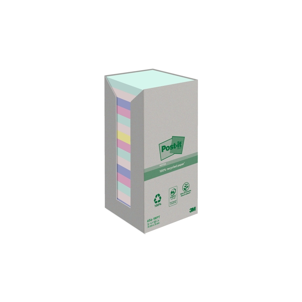 Produktbild för Post-it Recycled 654-1RPT - note - 76 x 76 mm - 1600 ark (16 x 100)