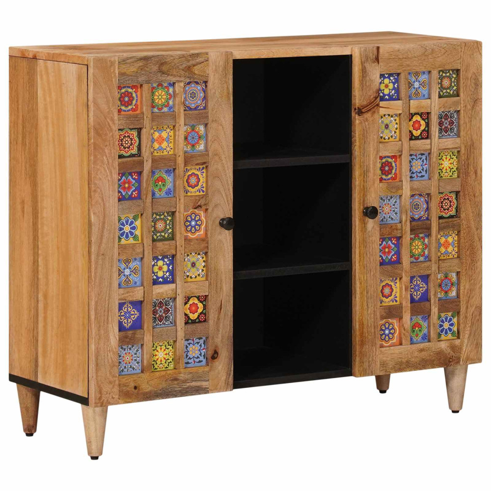 Produktbild för Sideboard med hylla Naturfärg 90 x 33 x 75 cm Massivt mangoträ