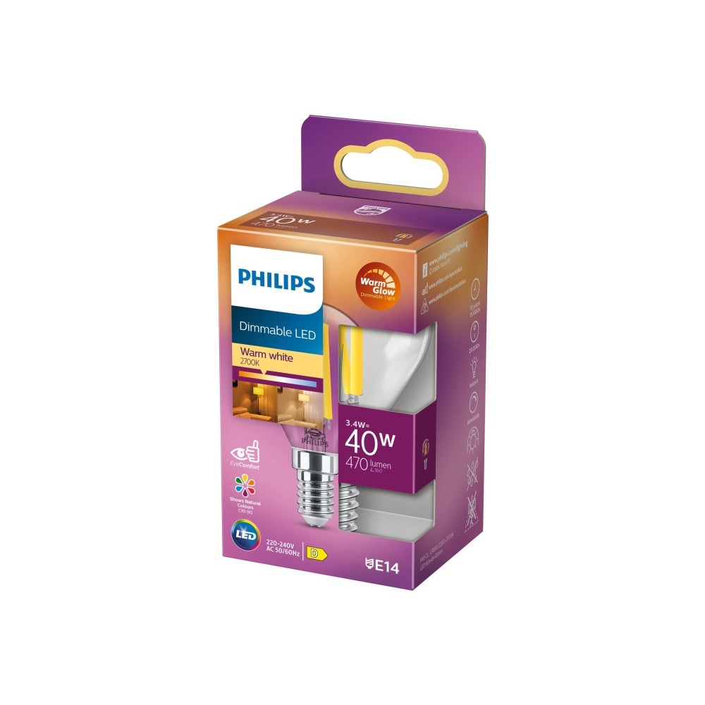 Produktbild för Philips - LED-glödlampa med filament - form: P45 - klar finish - E14 - 3.4 W - varmt vitt ljus - 2200-2700 K