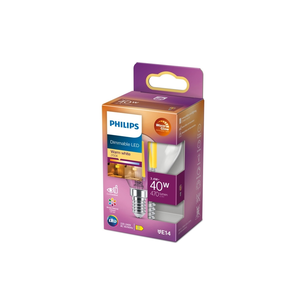 Produktbild för Philips - LED-glödlampa med filament - form: P45 - klar finish - E14 - 3.4 W - varmt vitt ljus - 2200-2700 K