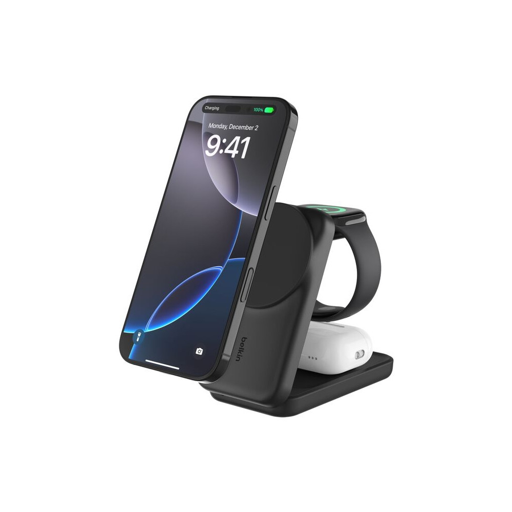 Produktbild för Belkin UltraCharge trådlöst laddställ - 3-i-1, magnetisk, vikbar, med Qi2 - + växelströmsadapter - 25 Watt - MFI-certifierad