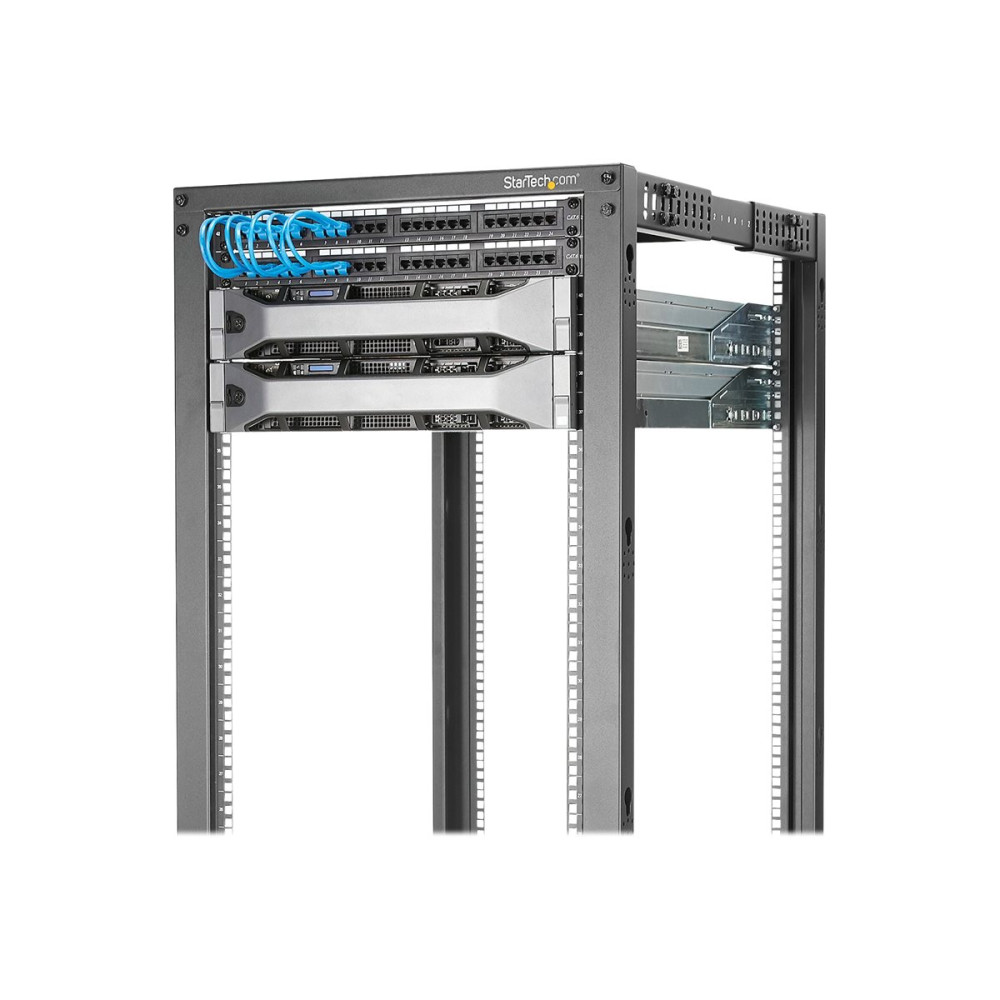 Produktbild för StarTech.com 25U-serverrack med öppen ram - 4 stolpar justerbart djup (59 cm till 104 cm) rack för nätverksutrustning med hjul/nivåfötter/kabelhantering (4POSTRACK25U) - rack - 25U