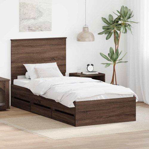 vidaXL Sängram med låda med lagring Brun Ek 90 x 190 cm Ingenjörsträ