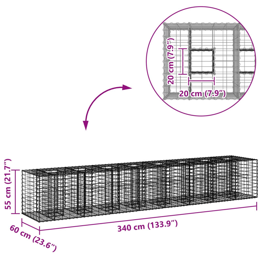 Produktbild för Gabion upphöjd säng 2 pcs Silver 340 x 60 x 55 cm