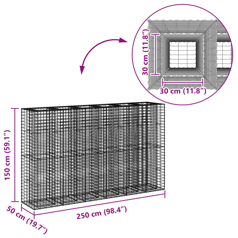 Produktbild för Gabion upphöjd säng 3 pcs Silver 250 x 50 x 150 cm