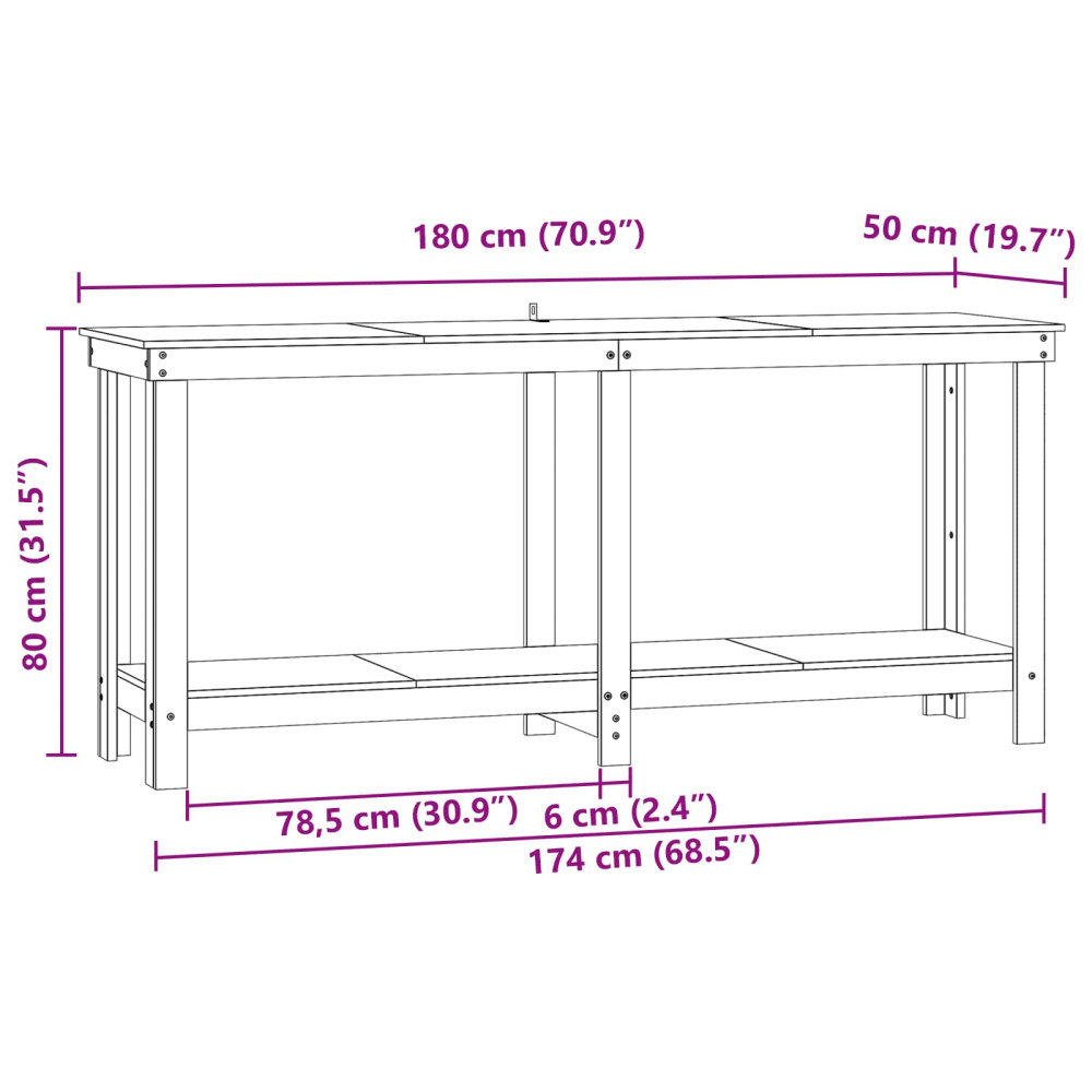 Produktbild för Arbetsbänk med hylla VaxBrun 180 x 50 x 80 cm Massivt furu