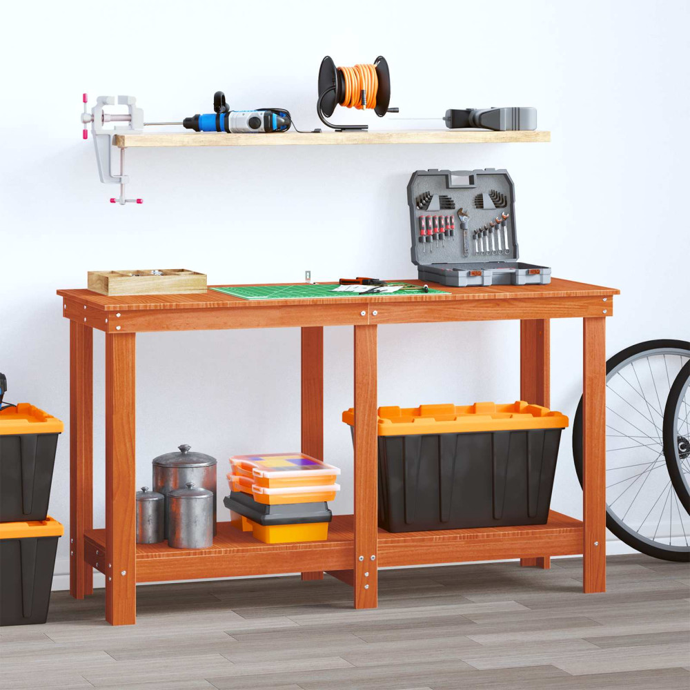 Produktbild för Arbetsbänk med hylla VaxBrun 140 x 50 x 80 cm Massivt furu