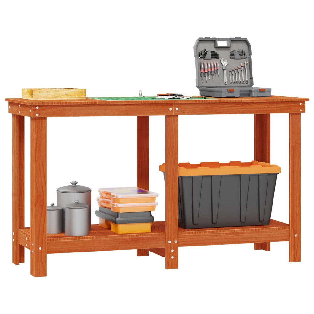 Produktbild för Arbetsbänk med hylla VaxBrun 140 x 50 x 80 cm Massivt furu