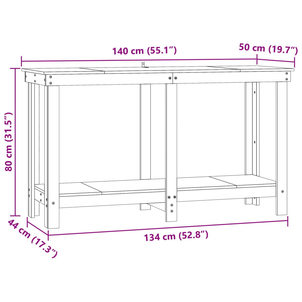 Produktbild för Arbetsbänk med hylla VaxBrun 140 x 50 x 80 cm Massivt furu