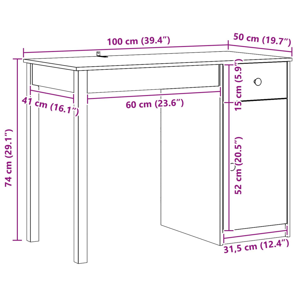 Produktbild för Skrivbord med låda VaxBrun 100 x 50 x 74 cm Massivt furu