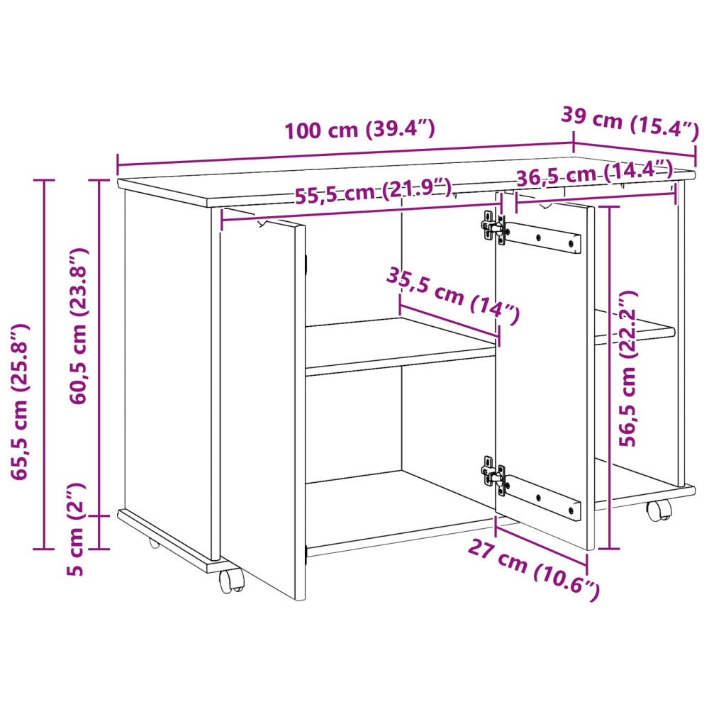 Produktbild för Rullande skåp med hjul Svart 100 x 39 x 65,5 cm Massiv furu