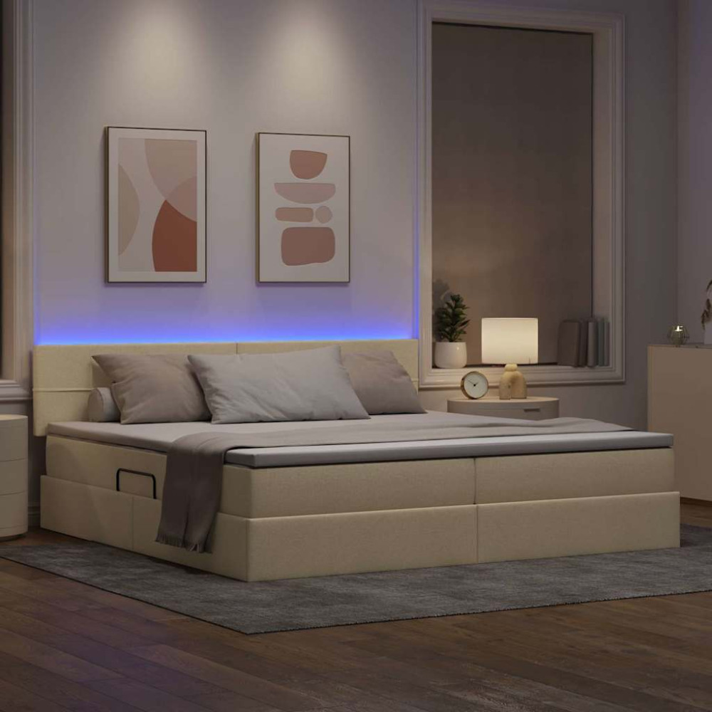 Produktbild för LED förvaringssäng med madrass Kräm 200 x 200 cm Tyg
