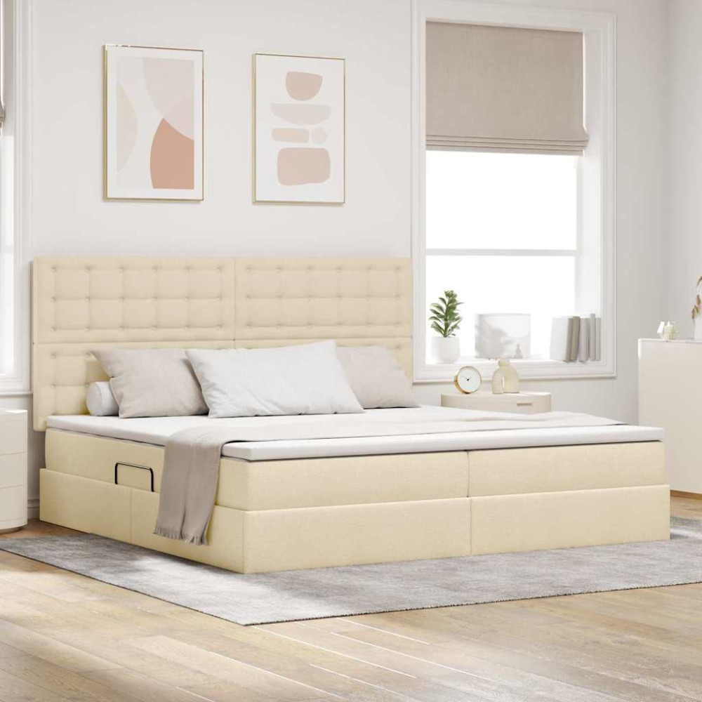 Produktbild för Förvaringssäng med madrass med huvudgavel Kräm 200 x 200 cm tyg