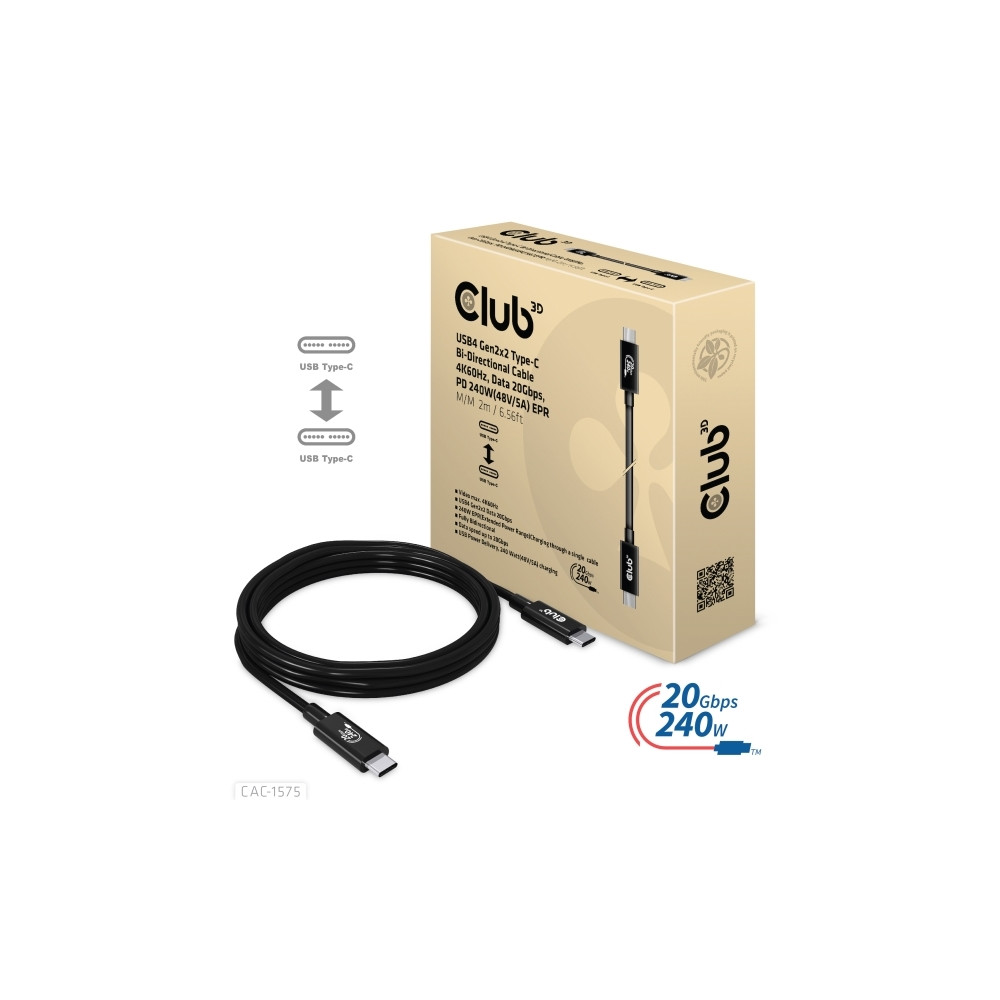 Produktbild för Club 3D - USB typ C-kabel - USB-C till USB-C - 2 m
