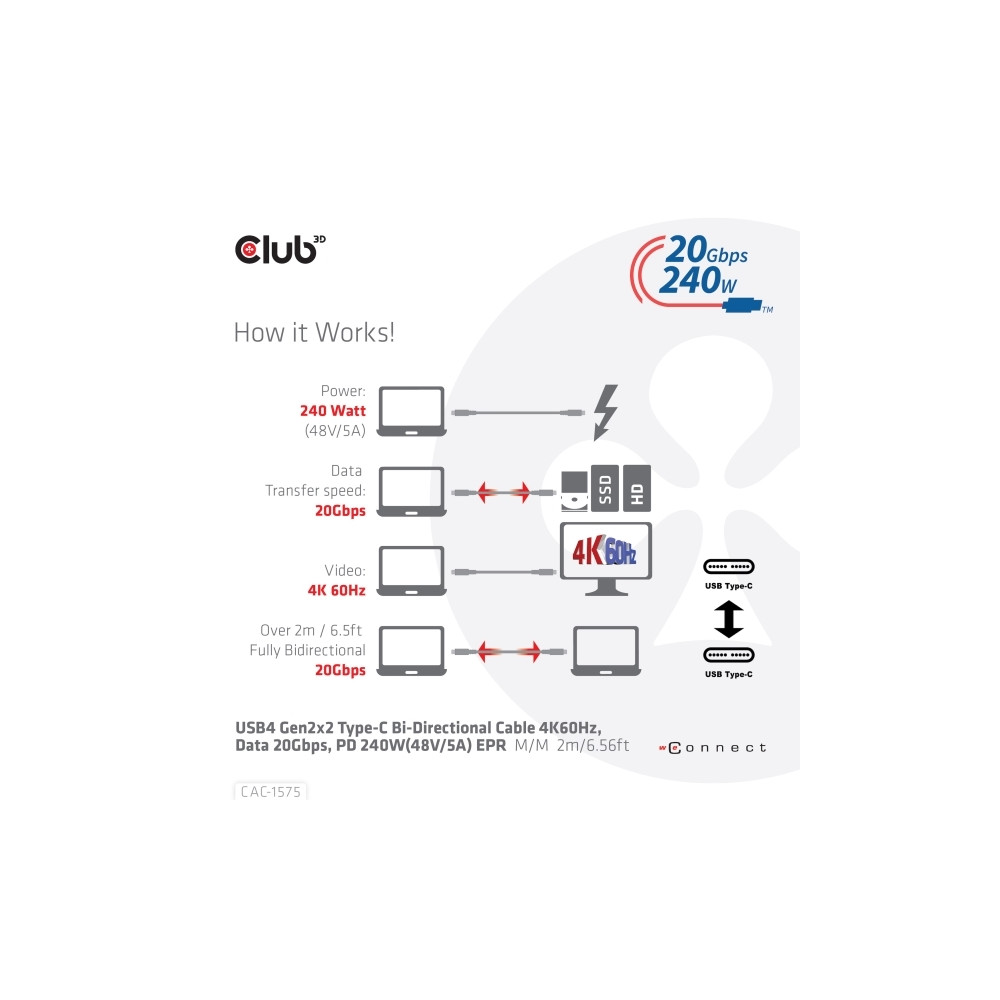 Produktbild för Club 3D - USB typ C-kabel - USB-C till USB-C - 2 m