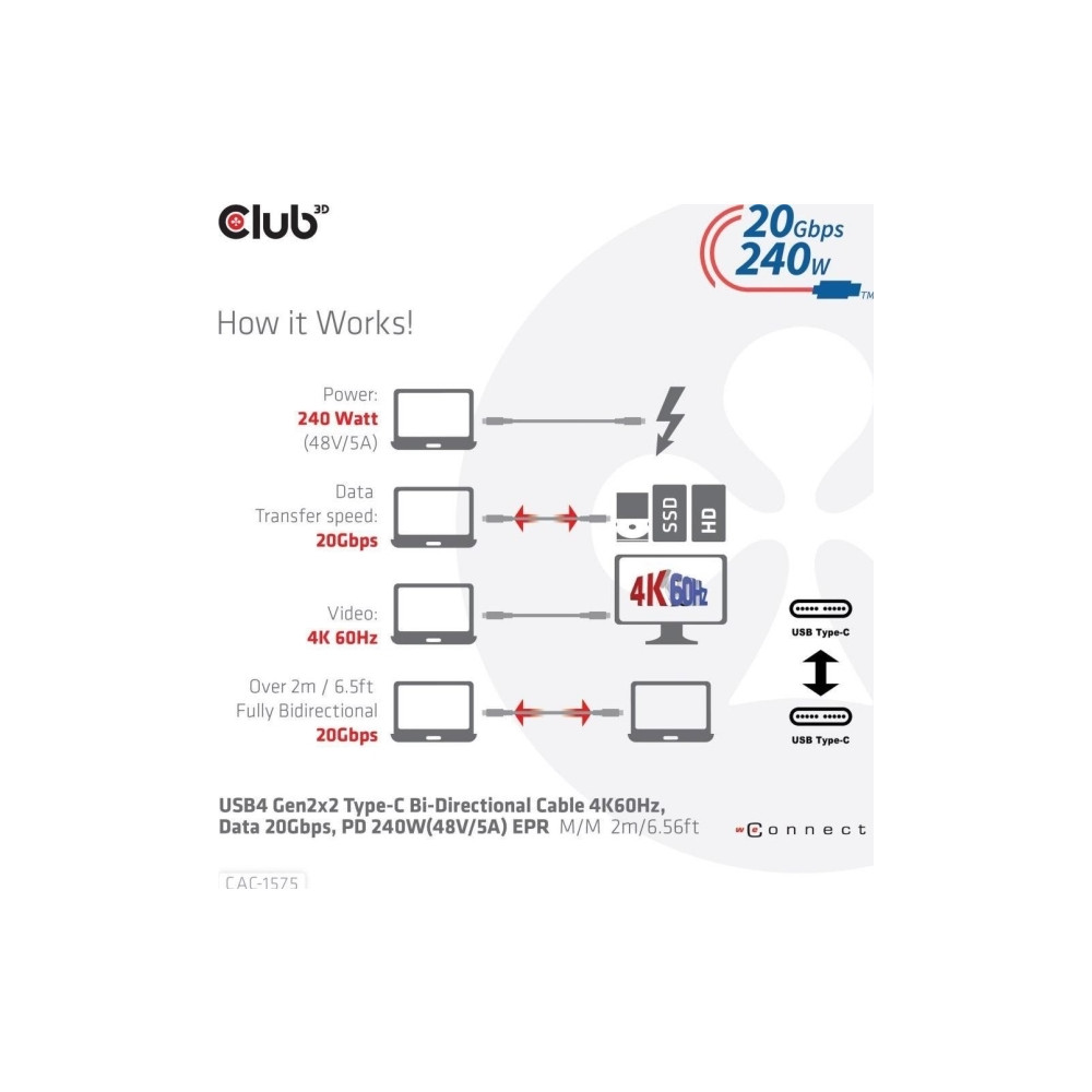 Produktbild för Club 3D - USB typ C-kabel - USB-C till USB-C - 2 m
