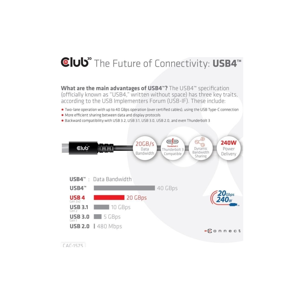 Produktbild för Club 3D - USB typ C-kabel - USB-C till USB-C - 2 m