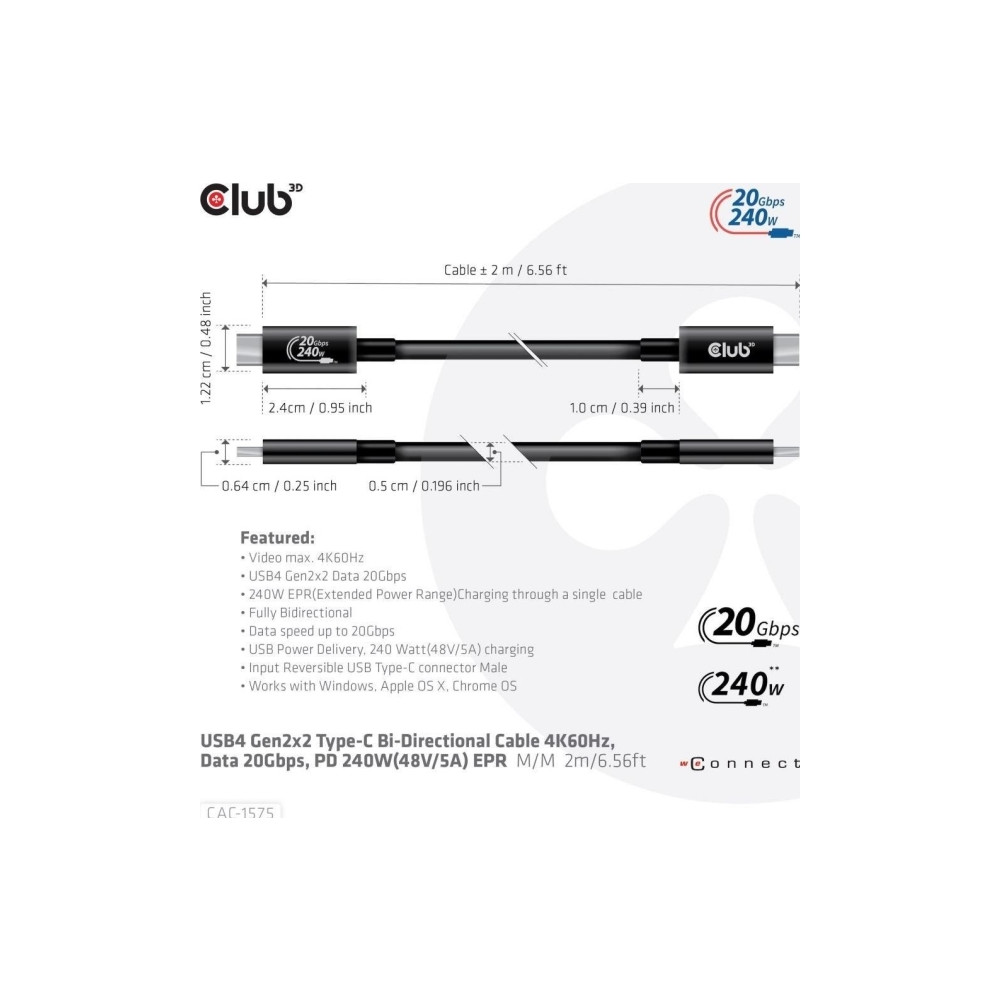 Produktbild för Club 3D - USB typ C-kabel - USB-C till USB-C - 2 m