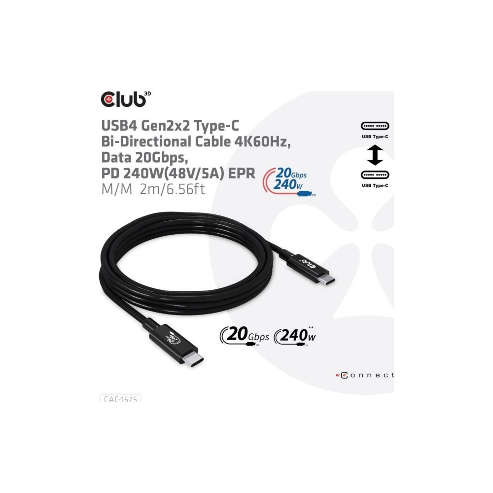 Produktbild för Club 3D - USB typ C-kabel - USB-C till USB-C - 2 m