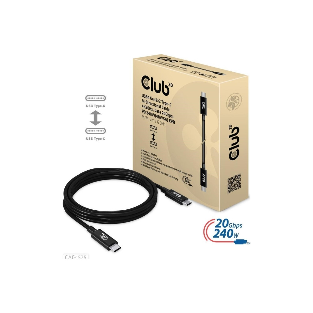 Produktbild för Club 3D - USB typ C-kabel - USB-C till USB-C - 2 m