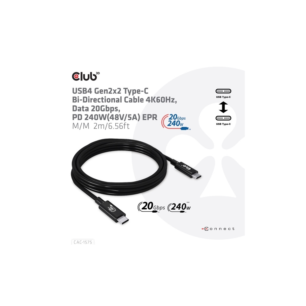 Produktbild för Club 3D - USB typ C-kabel - USB-C till USB-C - 2 m