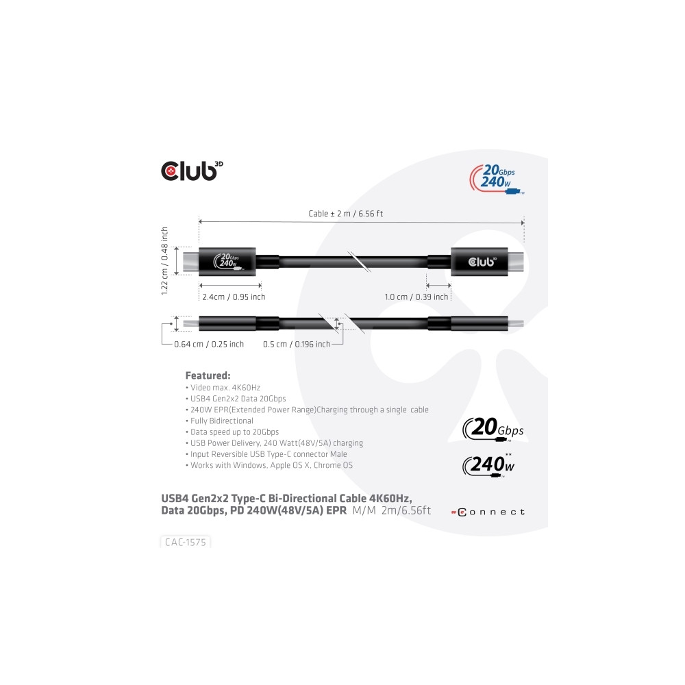 Produktbild för Club 3D - USB typ C-kabel - USB-C till USB-C - 2 m