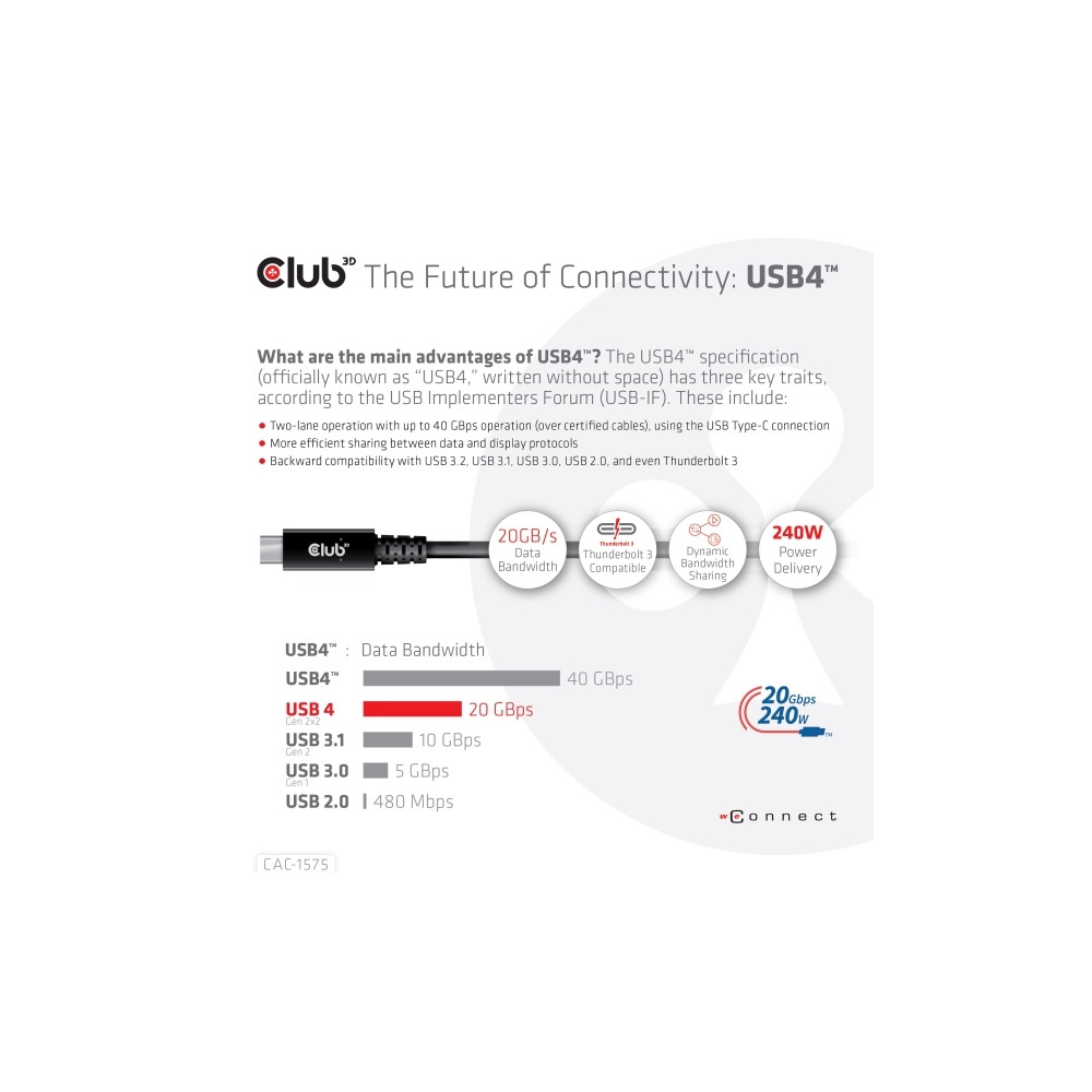 Produktbild för Club 3D - USB typ C-kabel - USB-C till USB-C - 2 m