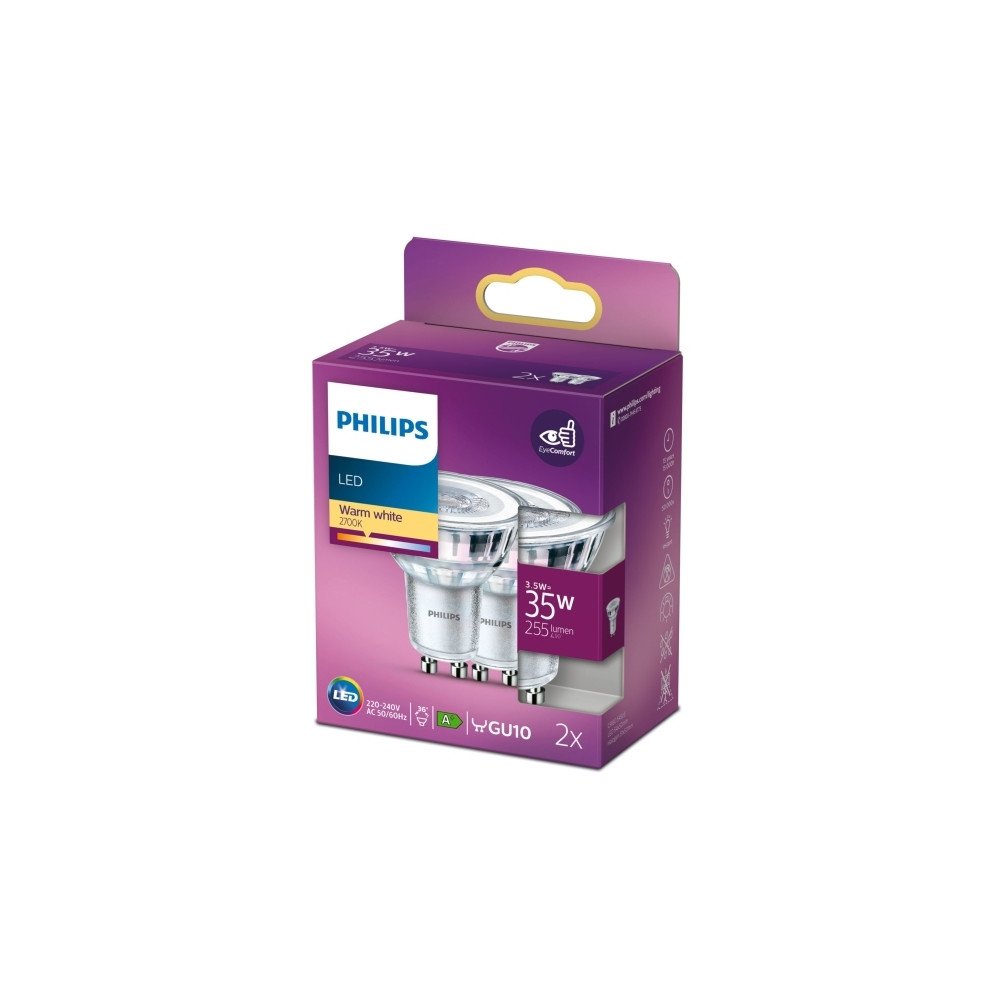 Produktbild för Philips Spot - LED-spotlight - GU10 - 3.5 W - varmt vitt ljus - 2700 K (paket om 2)
