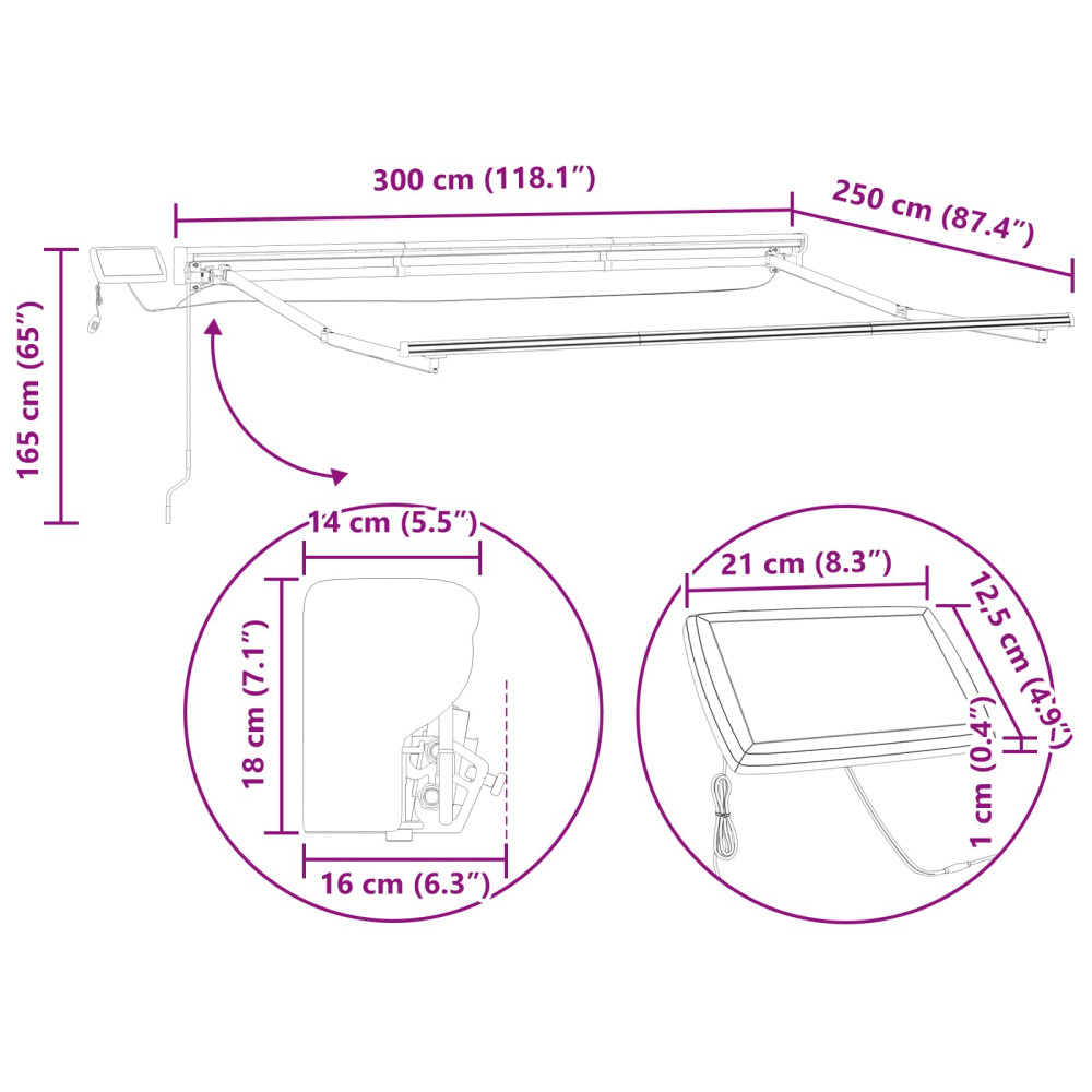 Produktbild för Manuell markisram med LED-lampor Antracit 3 x 2,5 m Aluminium