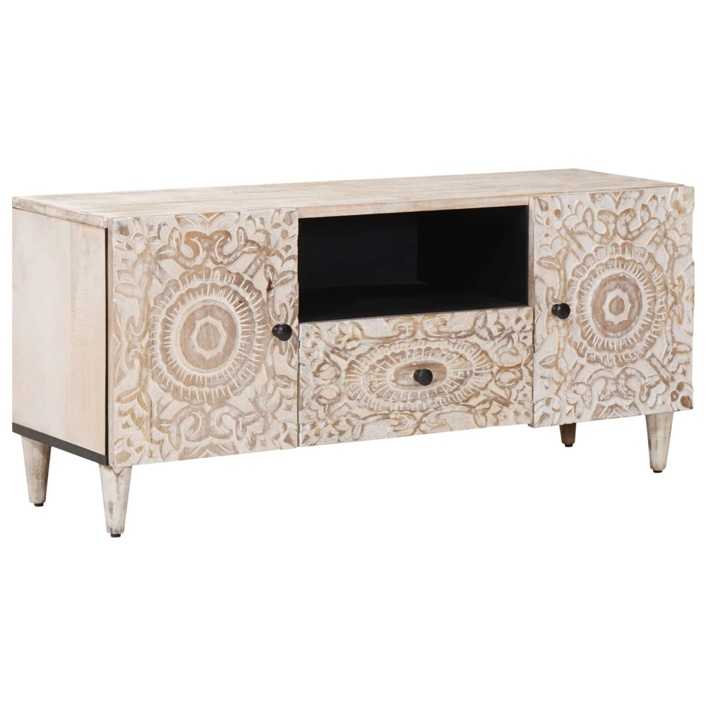 Produktbild för TV-skåp med låda Vit 105 x 33,5 x 46 cm Massivt mangoträ