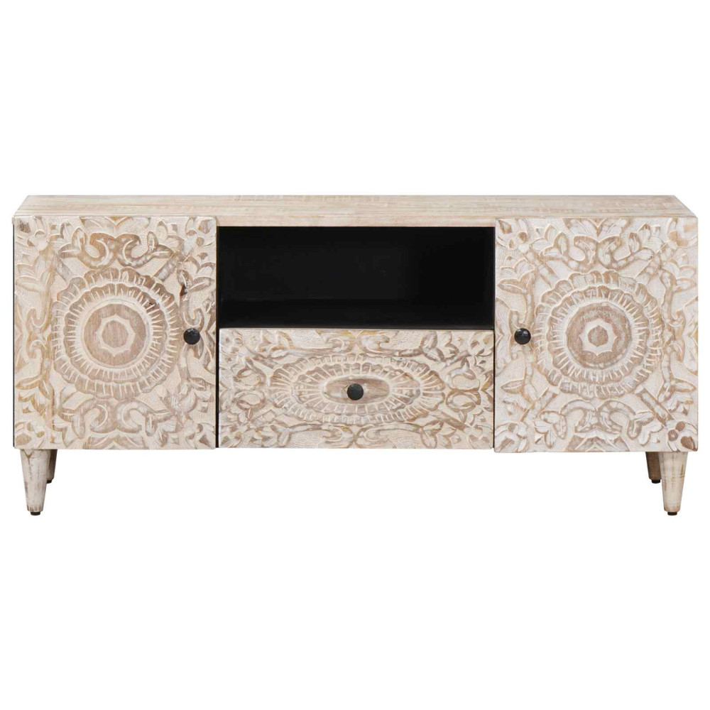 Produktbild för TV-skåp med låda Vit 105 x 33,5 x 46 cm Massivt mangoträ