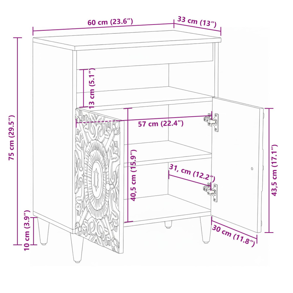 Produktbild för Sideboard med lagring Vit 60 x 33,5 x 75 cm Massivt mangoträ