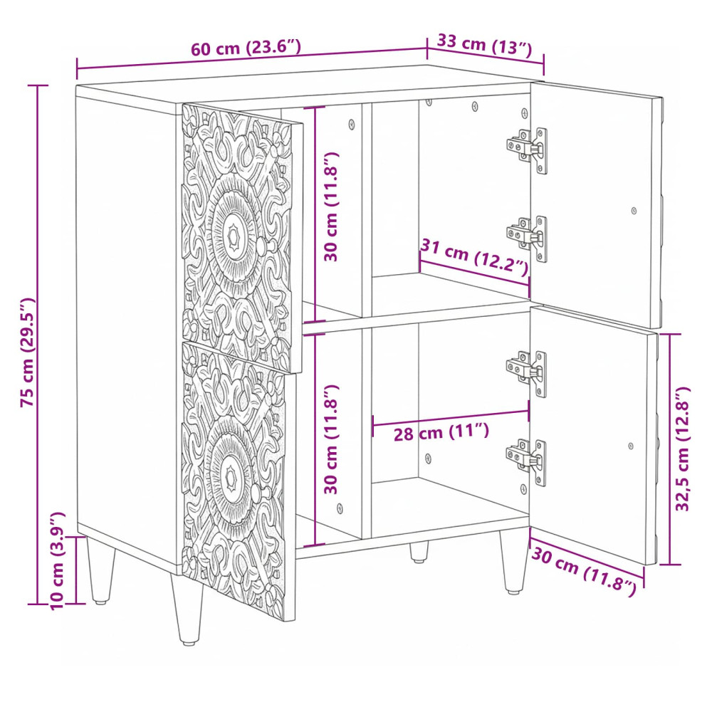Produktbild för Sideboard med lagring Vit 60 x 33,5 x 75 cm Massivt mangoträ