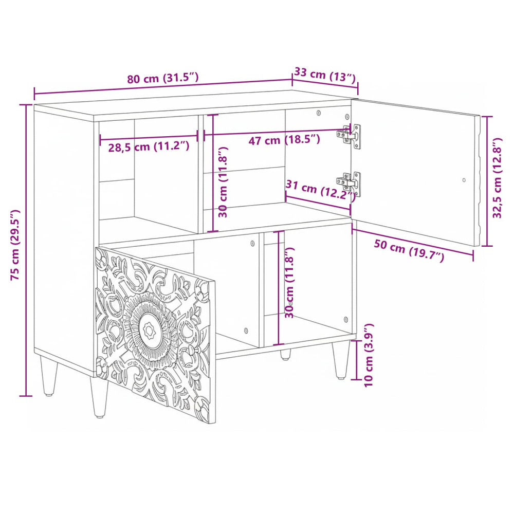 Produktbild för Sideboard med lagring Vit 80 x 33,5 x 75 cm Massivt mangoträ
