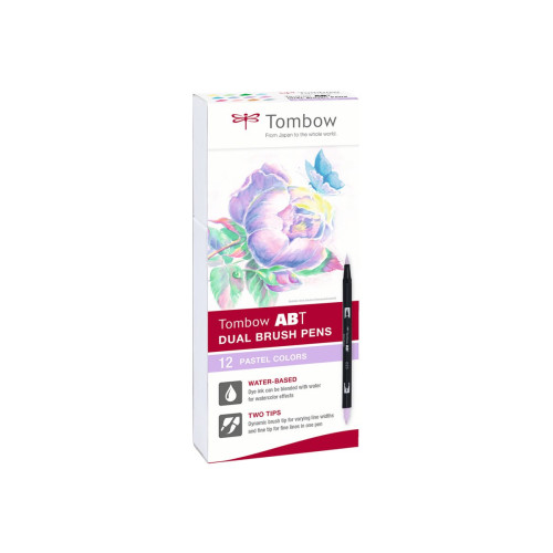 Tombow ABT Pastel - brush pen and marker combo - blekgul, mint, savgrön, himmelsblå, processblå, mist purple, purple sage, orchid, rosa, carnation, pale cherry, svalt grå 6 (paket om 12)