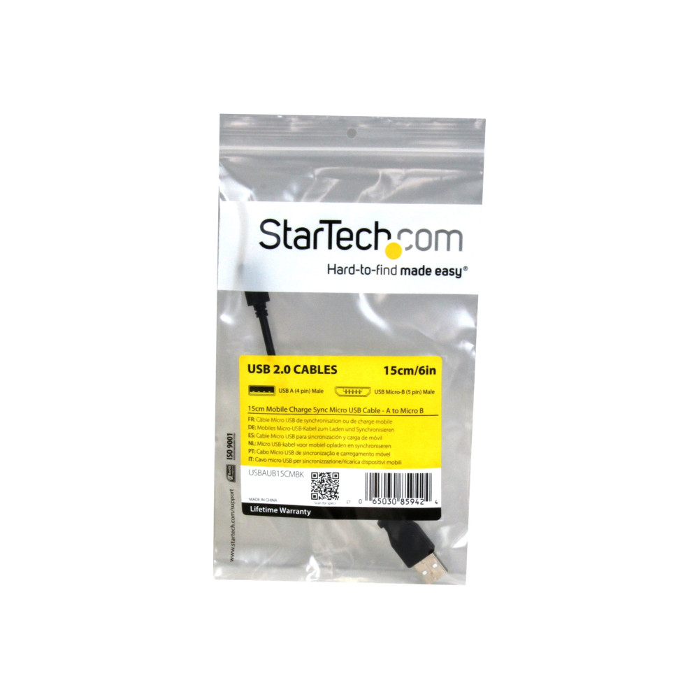 Produktbild för StarTech.com Kort Micro USB-kabel - 15 cm - USB-kabel - mikro-USB typ B till USB - 15 cm