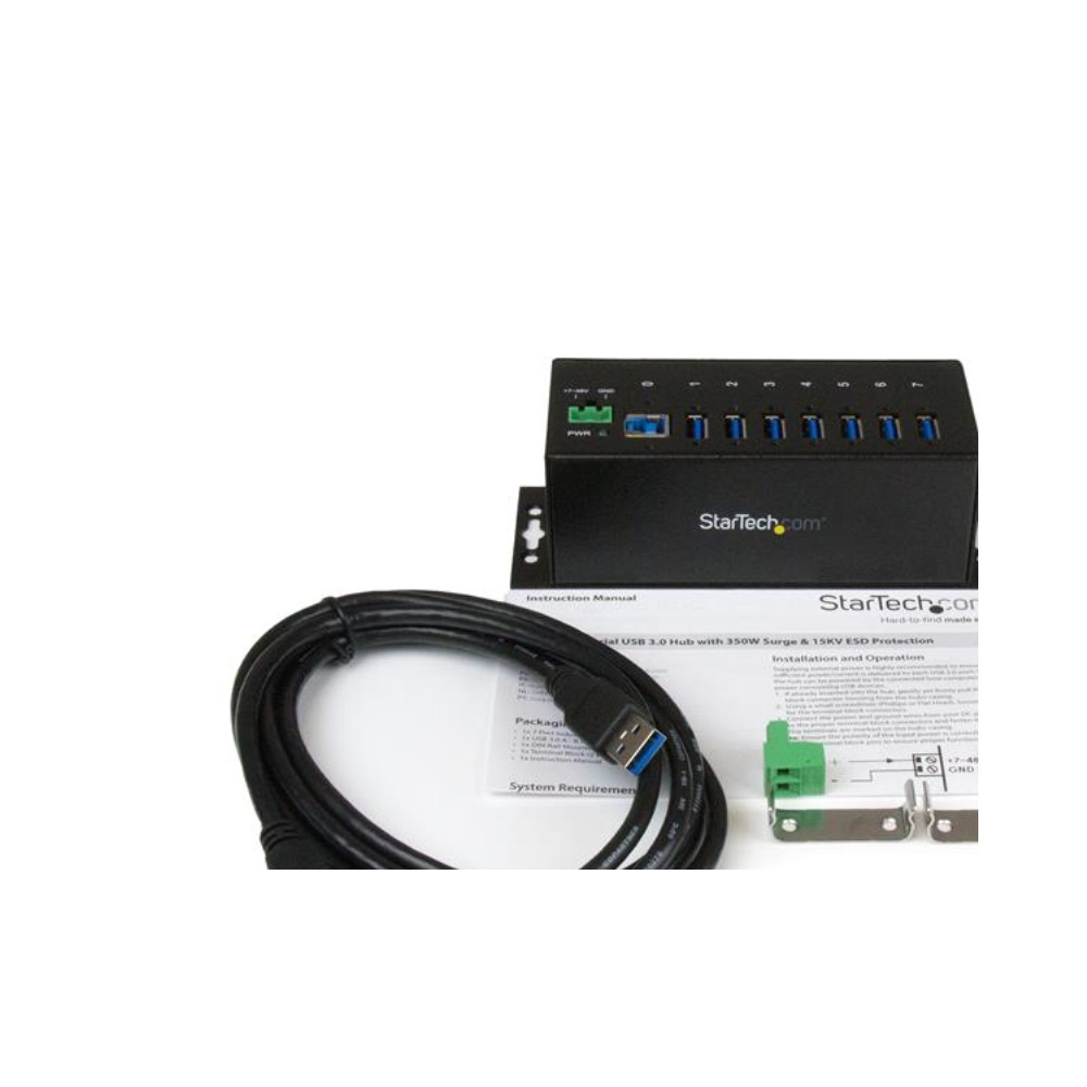 Produktbild för StarTech.com USB 3.0-hubb med 7 portar - Industriell USB-A-hubb i metall med ESD-skydd och 350 W överspänningsskydd - Monterbar på DIN-skena, vägg eller skrivbord - TAA-kompatibel USB-expansionshubb - hubb - 7 portar