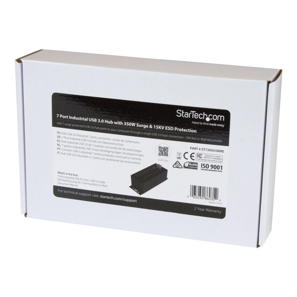 Produktbild för StarTech.com USB 3.0-hubb med 7 portar - Industriell USB-A-hubb i metall med ESD-skydd och 350 W överspänningsskydd - Monterbar på DIN-skena, vägg eller skrivbord - TAA-kompatibel USB-expansionshubb - hubb - 7 portar