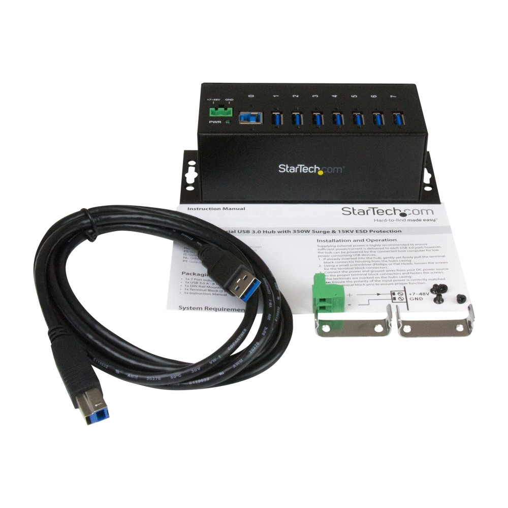 Produktbild för StarTech.com USB 3.0-hubb med 7 portar - Industriell USB-A-hubb i metall med ESD-skydd och 350 W överspänningsskydd - Monterbar på DIN-skena, vägg eller skrivbord - TAA-kompatibel USB-expansionshubb - hubb - 7 portar
