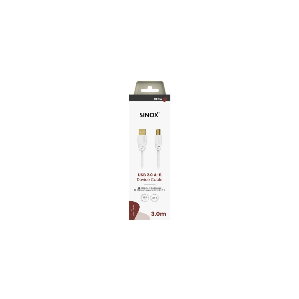 Produktbild för Sinox SOC04103, 3 m, USB A, USB B, USB 2.0, 0,48 Gbit/s, Vit