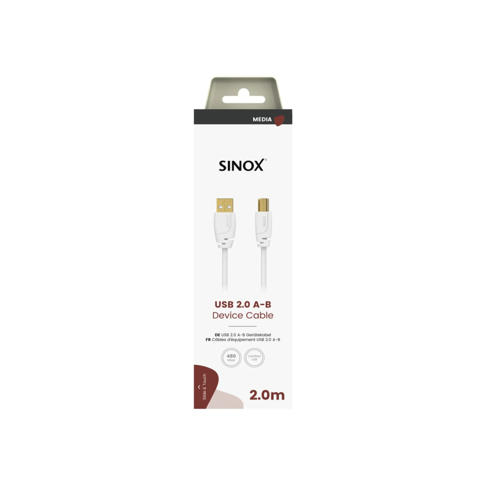 Produktbild för Sinox SOC04102, 2 m, USB A, USB B, USB 2.0, 0,48 Gbit/s, Vit