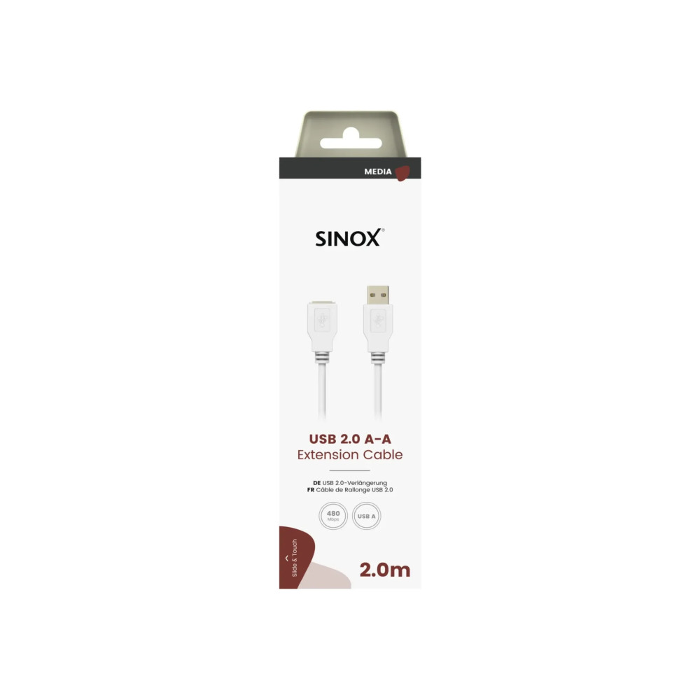 Produktbild för Sinox SOC04302, 2 m, USB A, USB A, USB 2.0, 0,48 Gbit/s, Vit