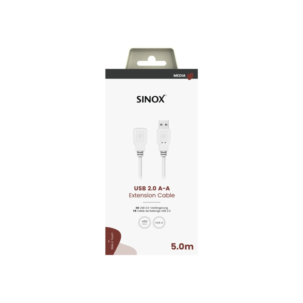 Produktbild för Sinox SOC04305, 5 m, USB A, USB A, USB 2.0, 0,48 Gbit/s, Vit
