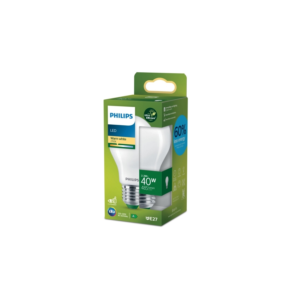 Produktbild för Philips - LED-glödlampa med filament - form: A60 - glaserad finish - E27 - 2.3 W - varmt vitt ljus - 2700 K