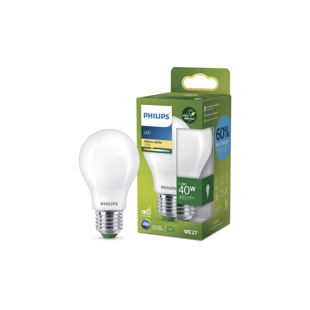 Produktbild för Philips - LED-glödlampa med filament - form: A60 - glaserad finish - E27 - 2.3 W - varmt vitt ljus - 2700 K