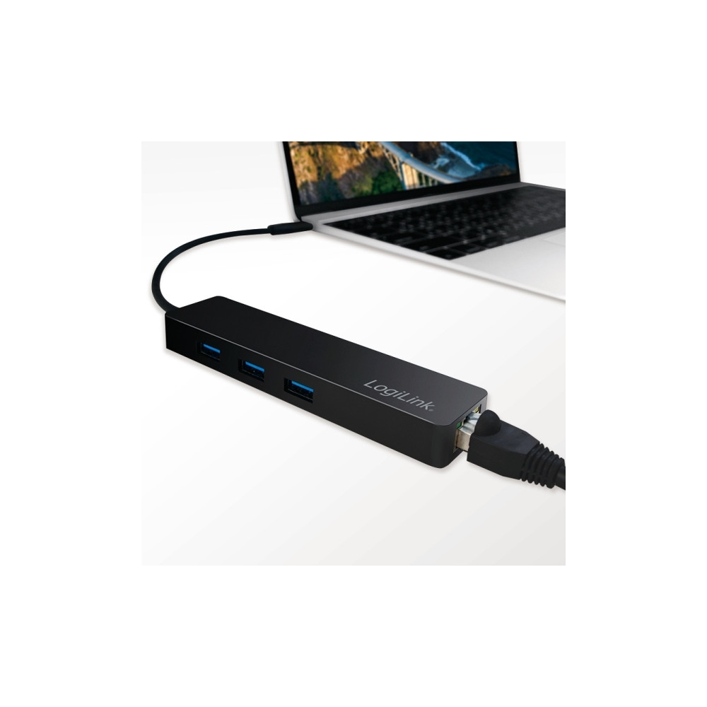 Produktbild för LogiLink USB-C hub, 3 ports + Gigabit adapter - hubb - 3 portar