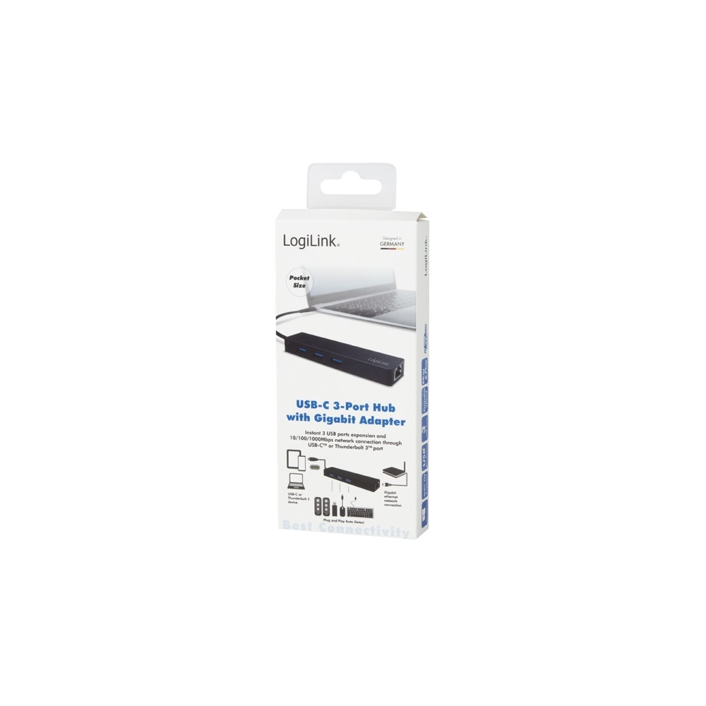 Produktbild för LogiLink USB-C hub, 3 ports + Gigabit adapter - hubb - 3 portar