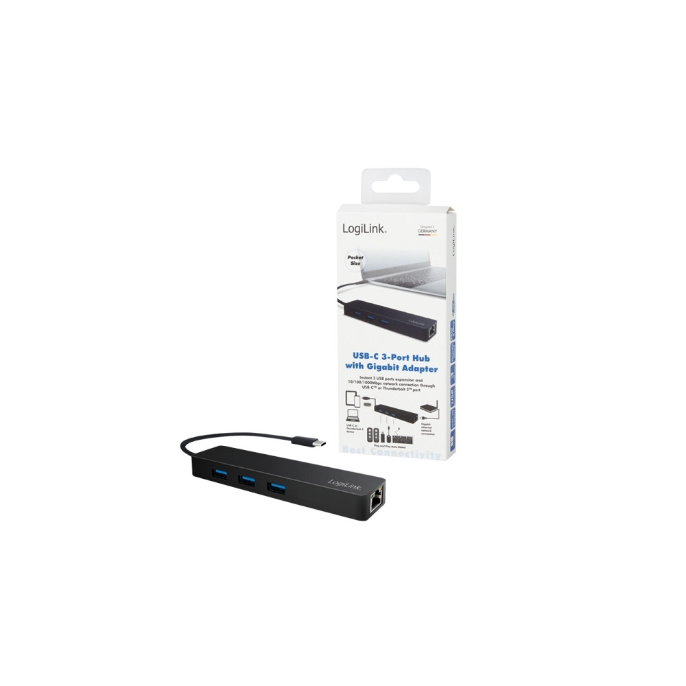 Produktbild för LogiLink USB-C hub, 3 ports + Gigabit adapter - hubb - 3 portar