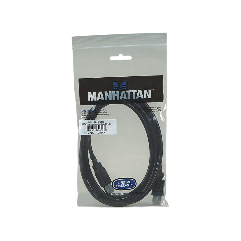 Produktbild för Manhattan USB-A to USB-A Cable, 1.8m, Male to Male, Black, 480 Mbps (USB 2.0), Hi-Speed USB, Lifetime Warranty, Polybag - USB-kabel - USB till USB - 1.8 m