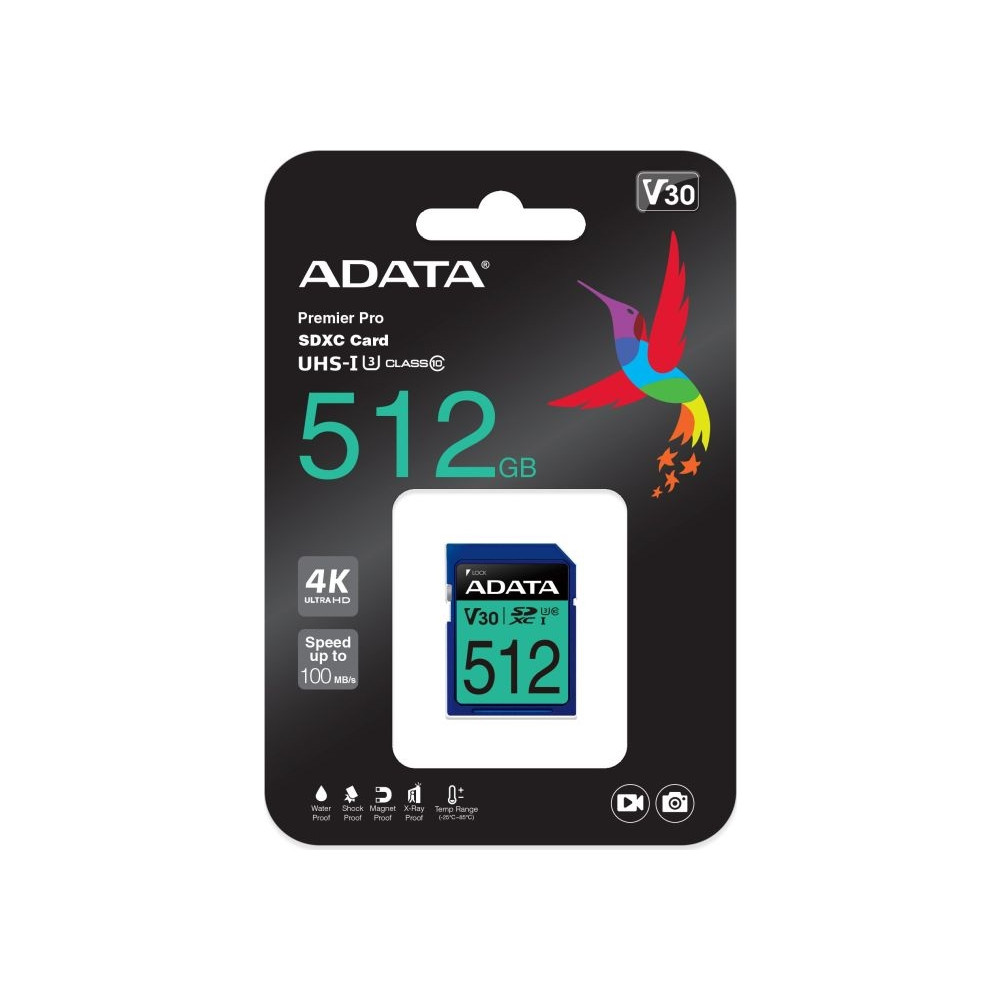 Produktbild för ADATA Premier Pro SDXC UHS-I U3 Class 10 (V30S) - flash-minneskort - 512 GB - SDXC UHS-I